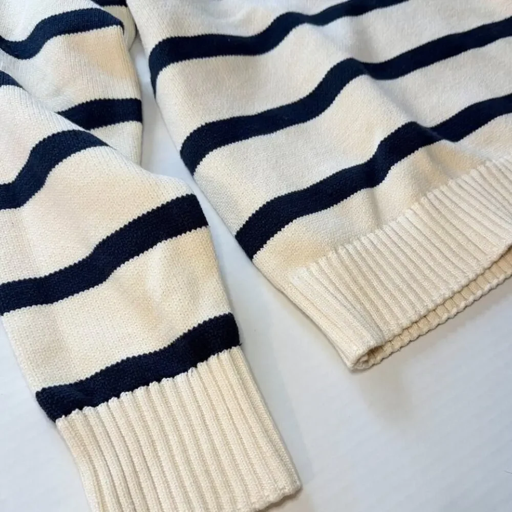 English Factory Striped Sweater Large Navy Cream V Neck Coastal Preppy NWT
